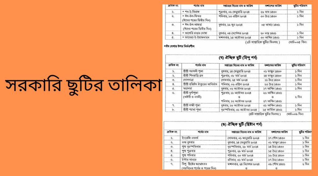 সরকারি ছুটির তালিকা